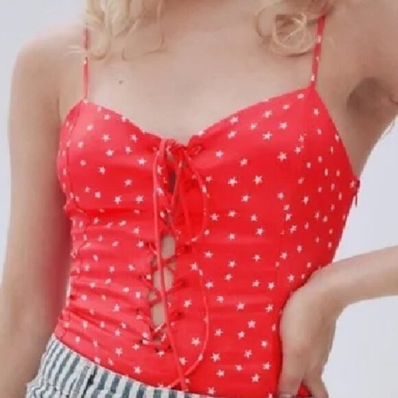 Zara Red Star Printed Satin Effect Bodysuit Sz XL - Picture 1 of 12